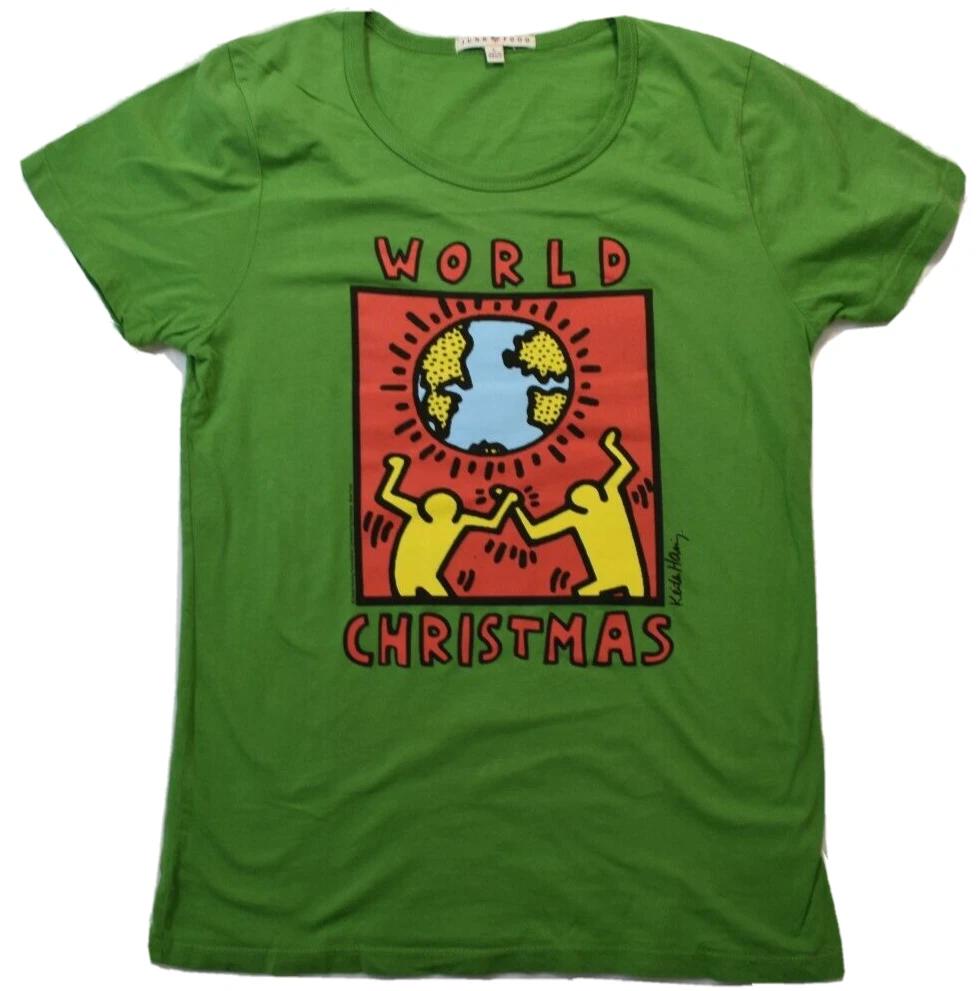 Junk Food Womens Keith Haring World Christmas Green Shirt New Large 2XL