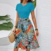 Women's Casual Fashion Belted Floral Print Short Sleeve Round Neck Elegant Dress