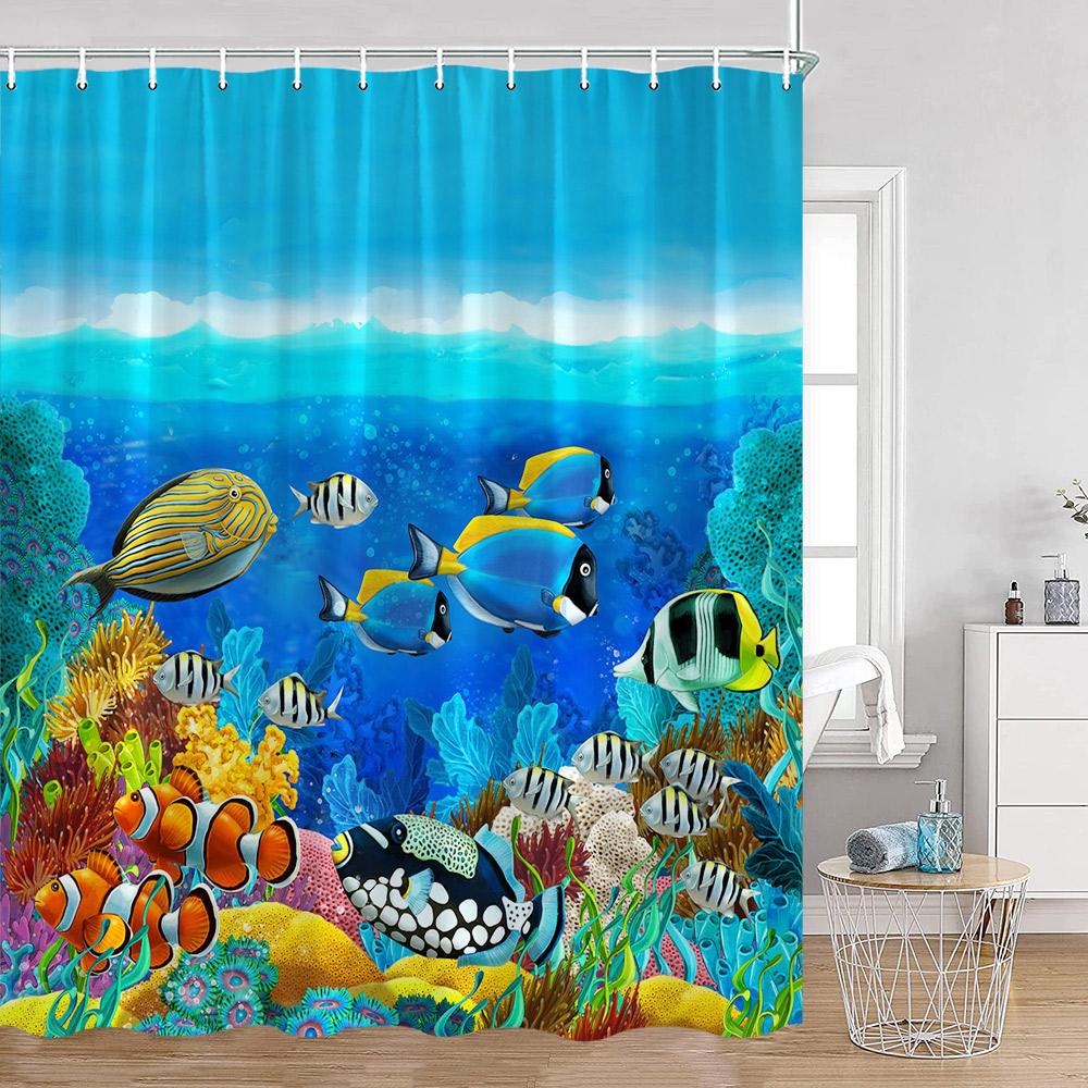 Ocean Animals Shower Curtains Undersea Tropical Fish Dolphins Coral Under Sea Home Decorations Summer Bath Curtains with Hooks