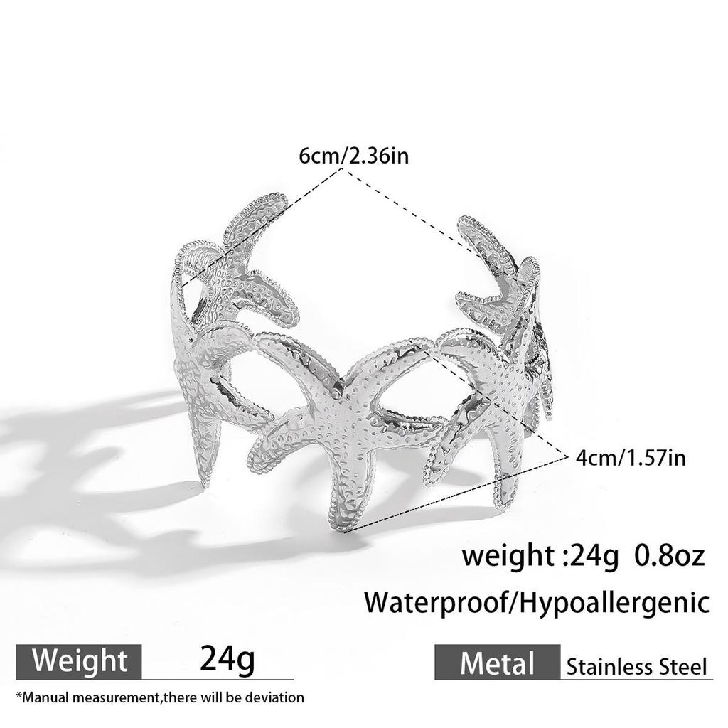 European & American Ocean Style Stainless Steel Bracelet with Starfish, Seashell, Coral Flowers, and Natural Stone Bangle Hand Jewelry.