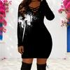 Plus Size Women Criss Cross V Neck Long Sleeve Printed Black Bodycon Mini Dress