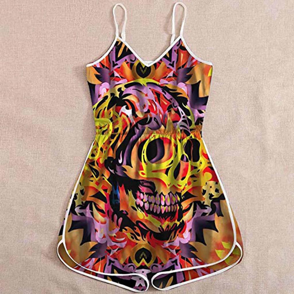 Wish Halloween print lady skull suspender jumpsuit
