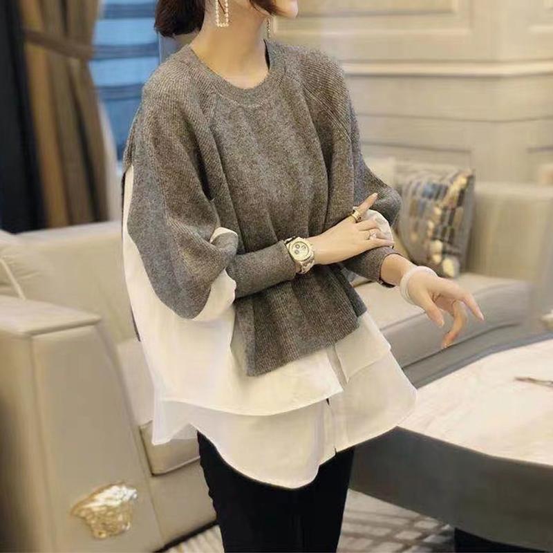 Dámský svetr Patchworková košile Falešný dvoudílný pletený top