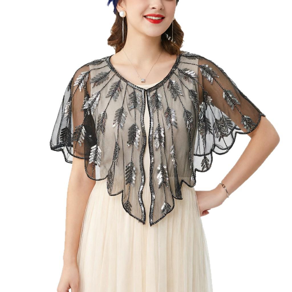 Cheongsam Evening Gown Shawl with Sequined Lace Shrug Cape