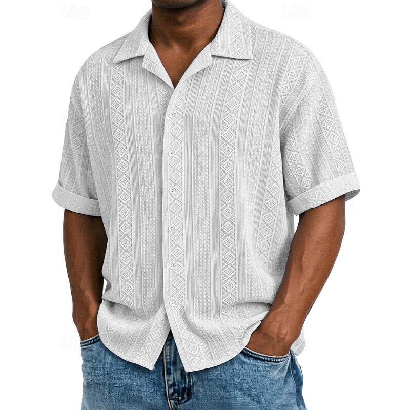 Men's Shirt Texture Button Down Shirt Jacquard Shirt Black White Light Green Navy Blue Purple Short Sleeve