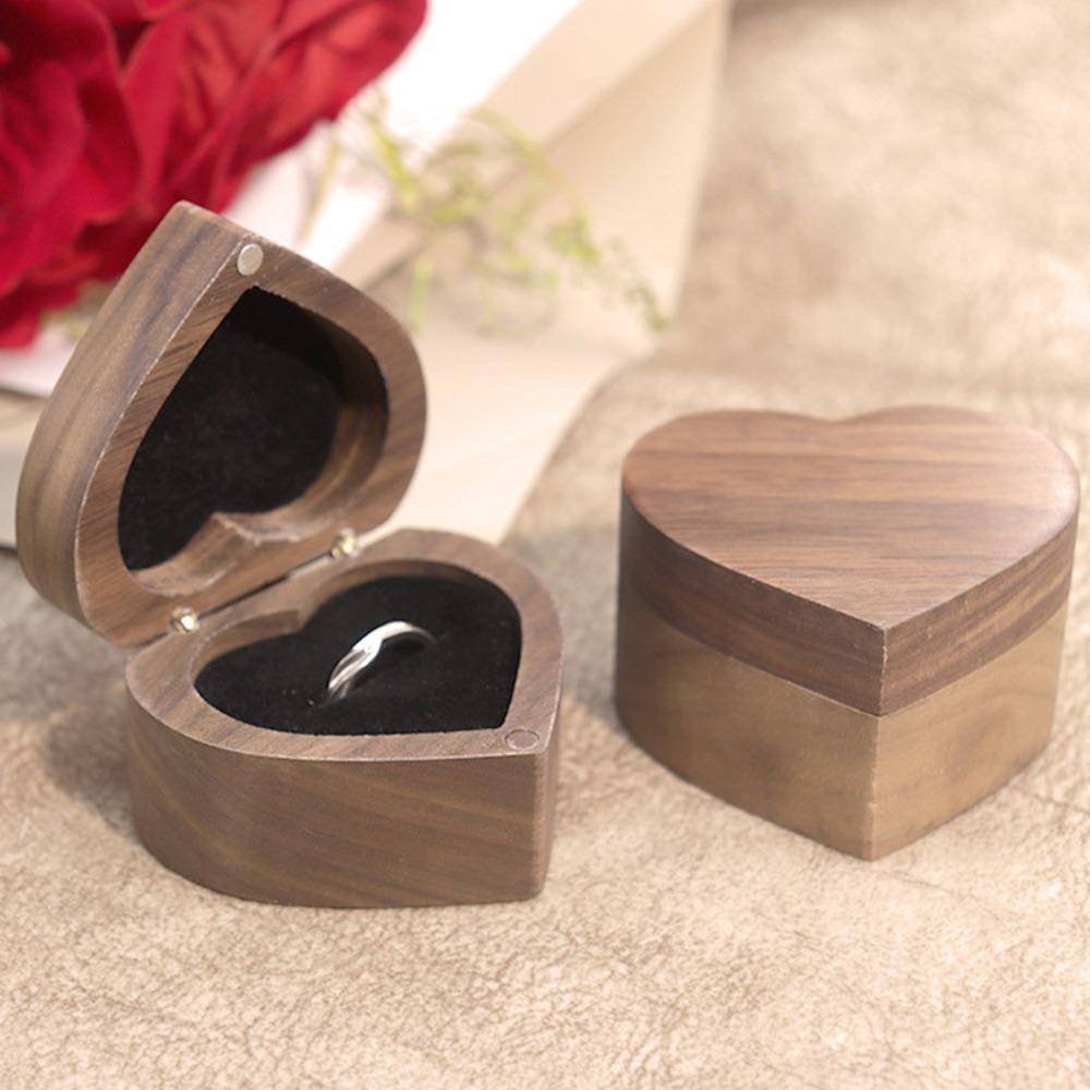 

Anti-collision Heart Rings Holder 1/2 Slots Rings Bearer Box Walnut Wood Rings Box Propose Coffee-2 Slots