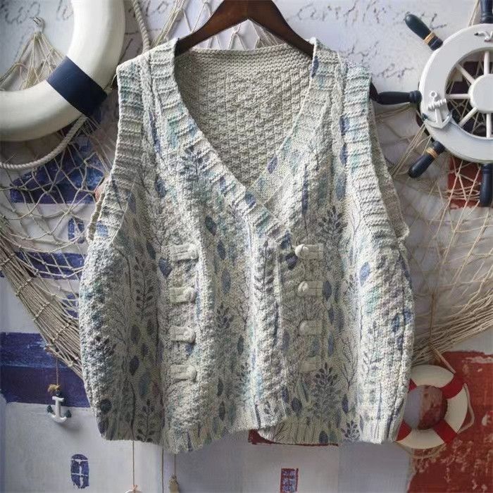 Japanese-style Soft Girl Literary Fresh Floral Knitted Sweater Vest Vintage Button Sleeveless Vest Waistcoat