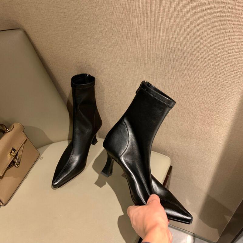 

Мода 2024 Женские ботильоны из натуральной кожи, туфли для офисной леди, женские туфли с острым носком на тонком высоком каблуке, осенние стрейч, размеры 35-39 35 чёрный