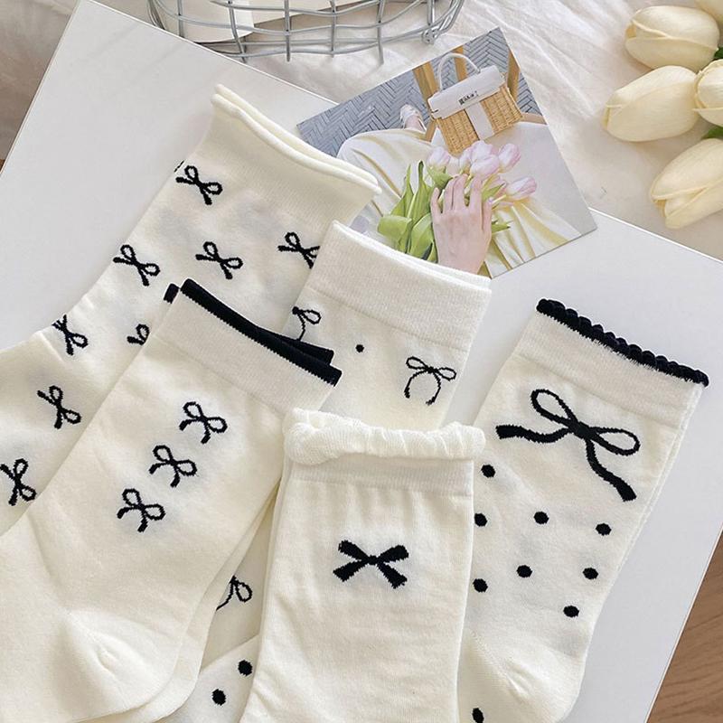 5 Pairs Women Bow Socks Spring Summer Autumn Winter Middle Tube Sock Thin Breathable Girls Cotton Socks Soft Comfortable Footwear