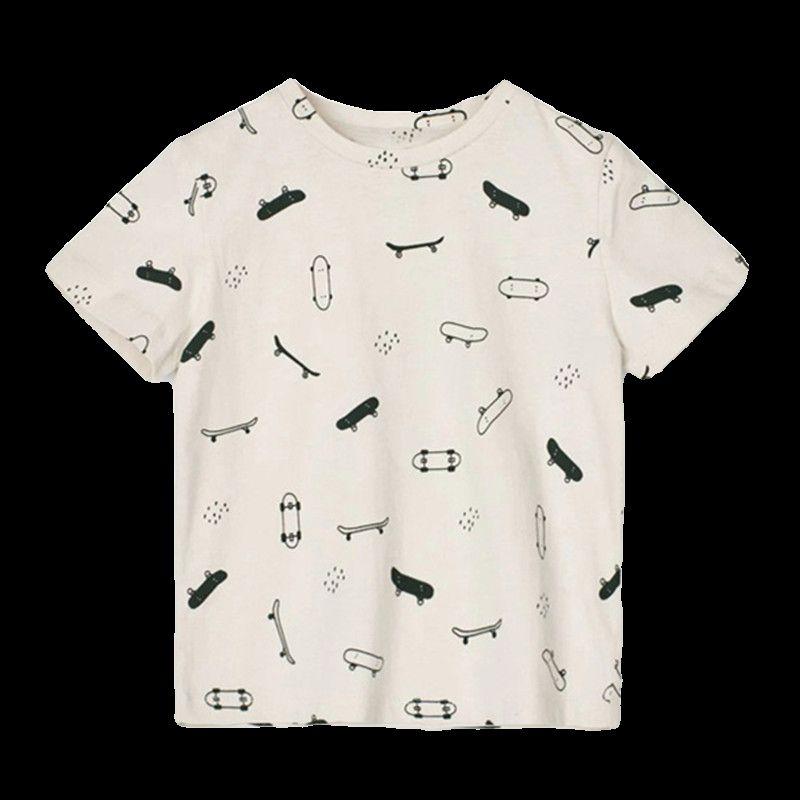 Fashion Boys  Short-Sleeved T-shirt Summer New Arrival Children Toddler Casual Milky White Print round Neck Short Sleeve Tops 6 Milky White Size 140 Recommended Height 130-140cm