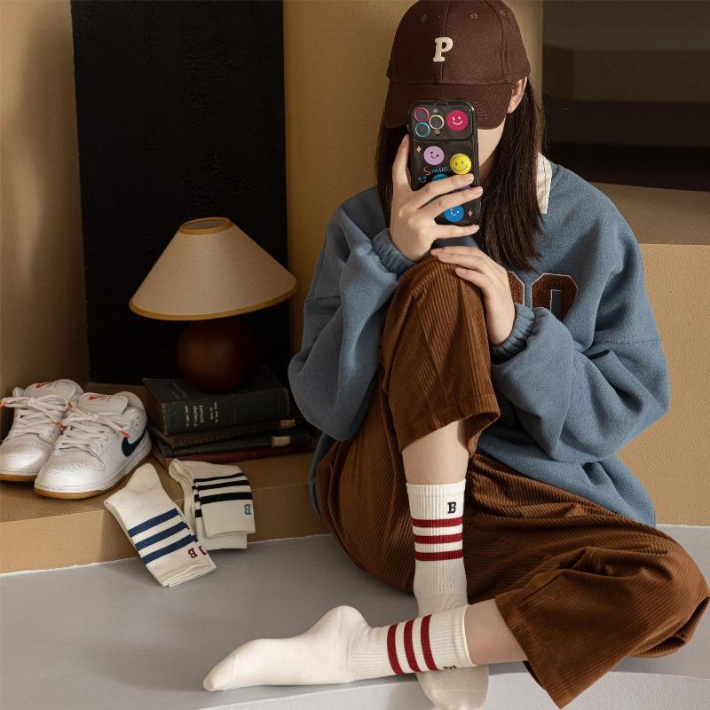 Striped Socks, Women's Mid-calf High-top Socks, Versatile, Simple, Sporty, School Style, Spring and Autumn Cotton Socks