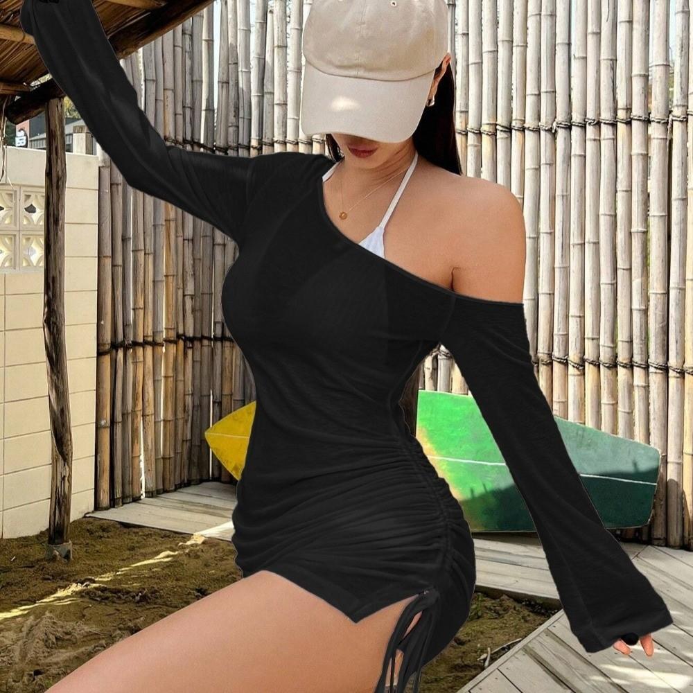 Lace-Up Swimsuit Coverup Solid Color Party Clubwear Dress Stylish Bikini Dress Shirt Beach Party