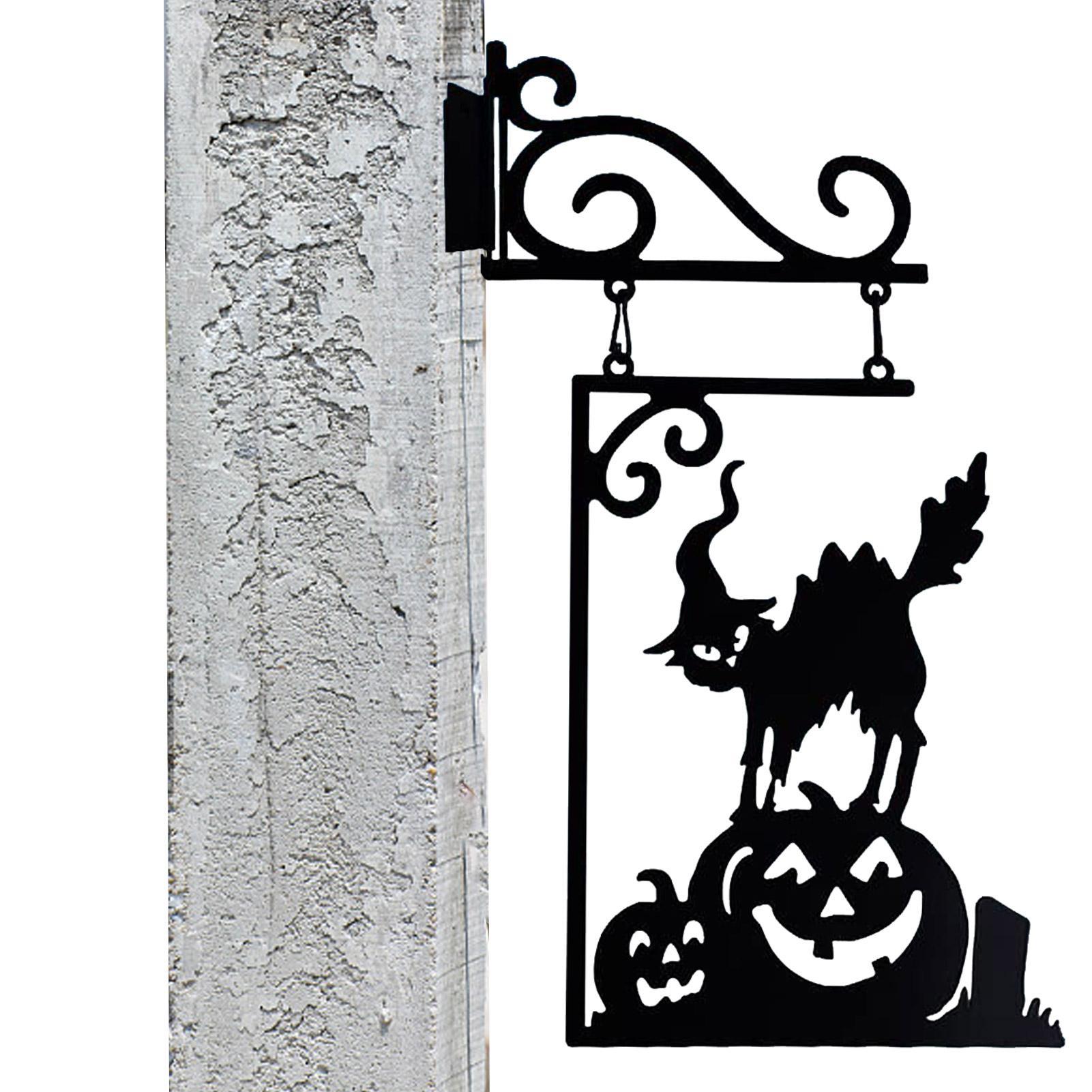 Décoration Murale Halloween En Métal - Silhouette Sorcière Et Chat - 40x23cm - Pour Jardin Ou Porche