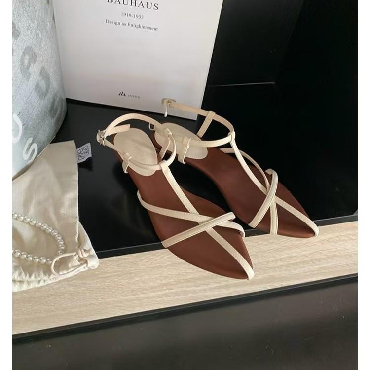 Mãe de uva mesmo estilo, diário da ilha~ Sandálias romanas de verão femininas de couro com tiras cruzadas francesas pontudas elegantes e abertas