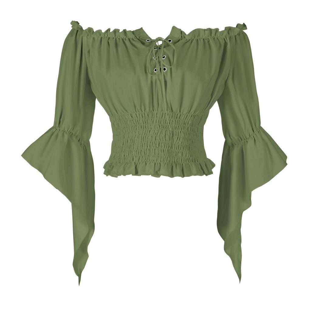 Women Vintage Off Shoulder Blouse Tie Front Mid Sleeve Casual Top Elastic Waist Ruffle Hem Shirt
