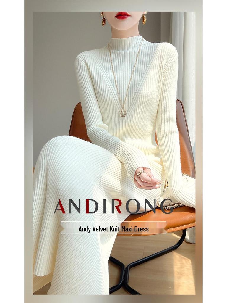 New Autumn/Winter Slimming Knit Dress for Women - Half-High Neck, Figure-Flattering, Long Length Bodycon Skirt