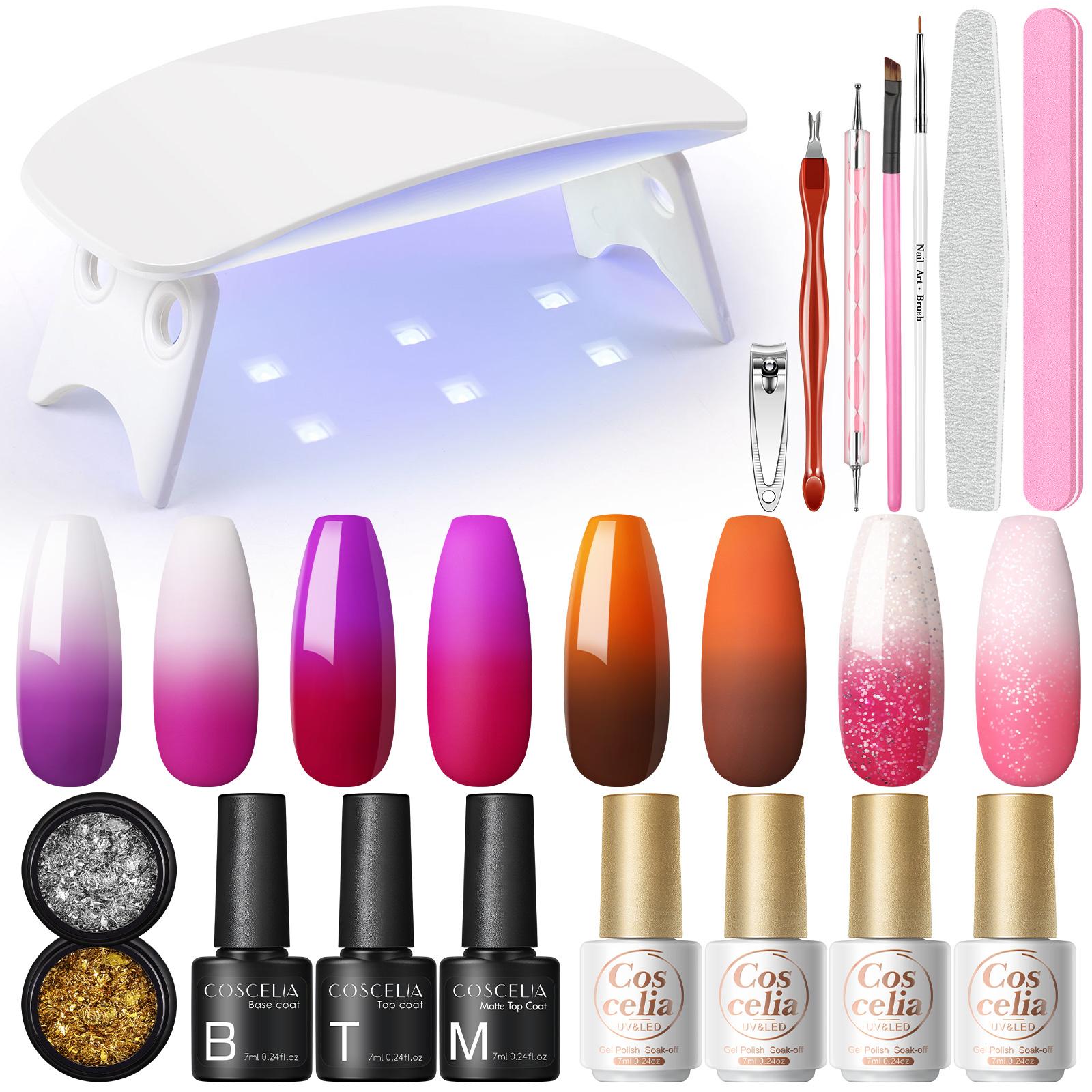 

Маникюрный набор COSCELIA, 6 Вт, светодиодная УФ-лампа, сушилка с 4 температурными УФ-гель-лаками для ногтей, термогель, меняющий цвет, и комплект матового верхнего базового покрытия