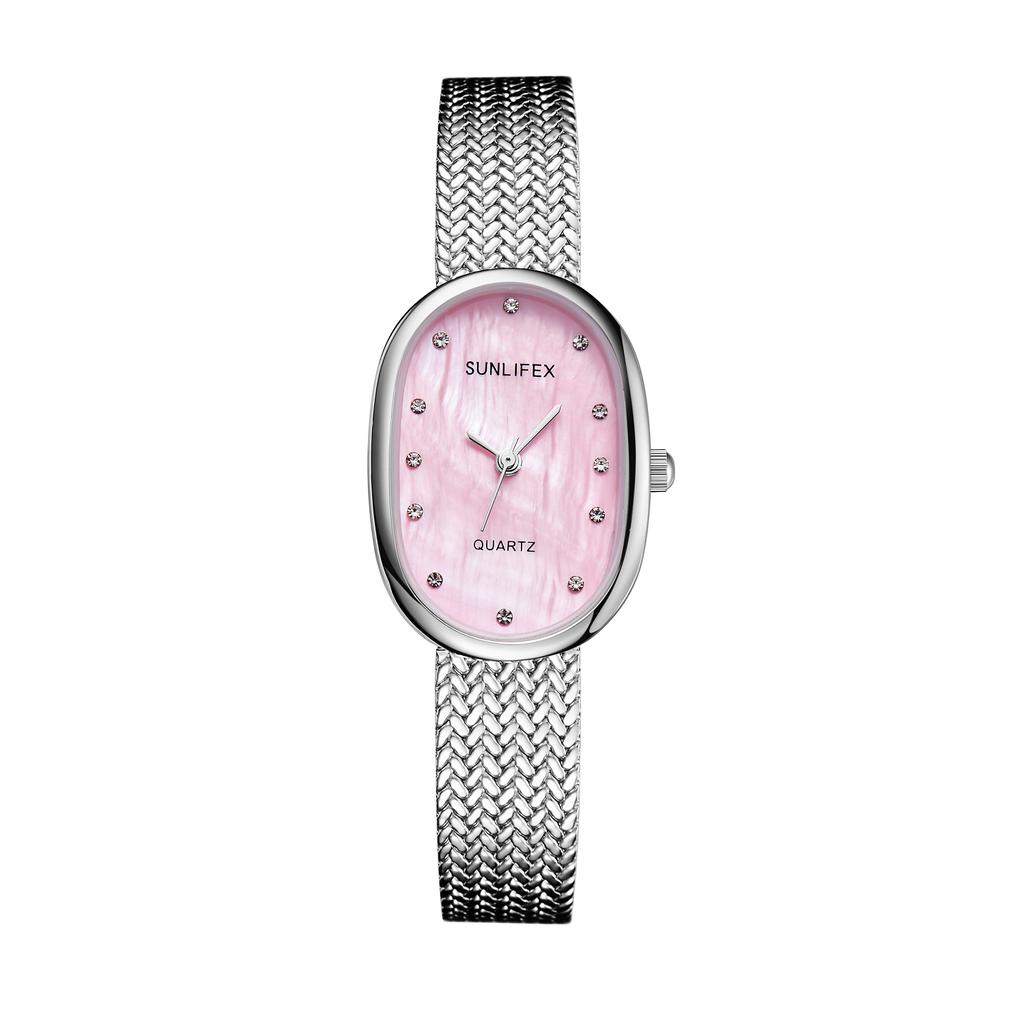 Fashion Business Alloy Oval Elegant Waterproof Women's Quartz Watch Gradient Color Rhinestone Dial Suitable for Daily Life