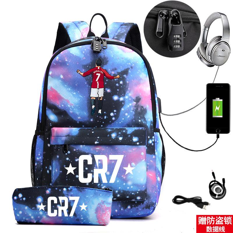 Star Peripheral Printing Cr7 Schoolbag Leisure Travel Multi-Functional Backpack Student Pencil Case Two-Piece Set