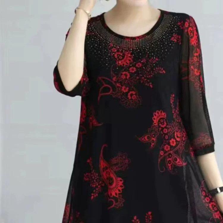 Women's Spring and Summer Medium-length Seven-minute Sleeve Round Neck T-shirt Middle-aged and Elderly Design Plus Size Temperament Tops