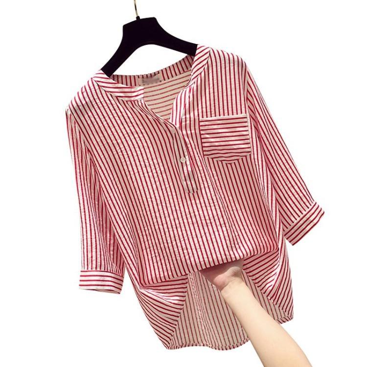 Striped Shirt Female Loose V-neck Blouse Seven-minute Sleeve Vertical Striped Chiffon Shirt Vintage Basic Office Casual Women Shirt