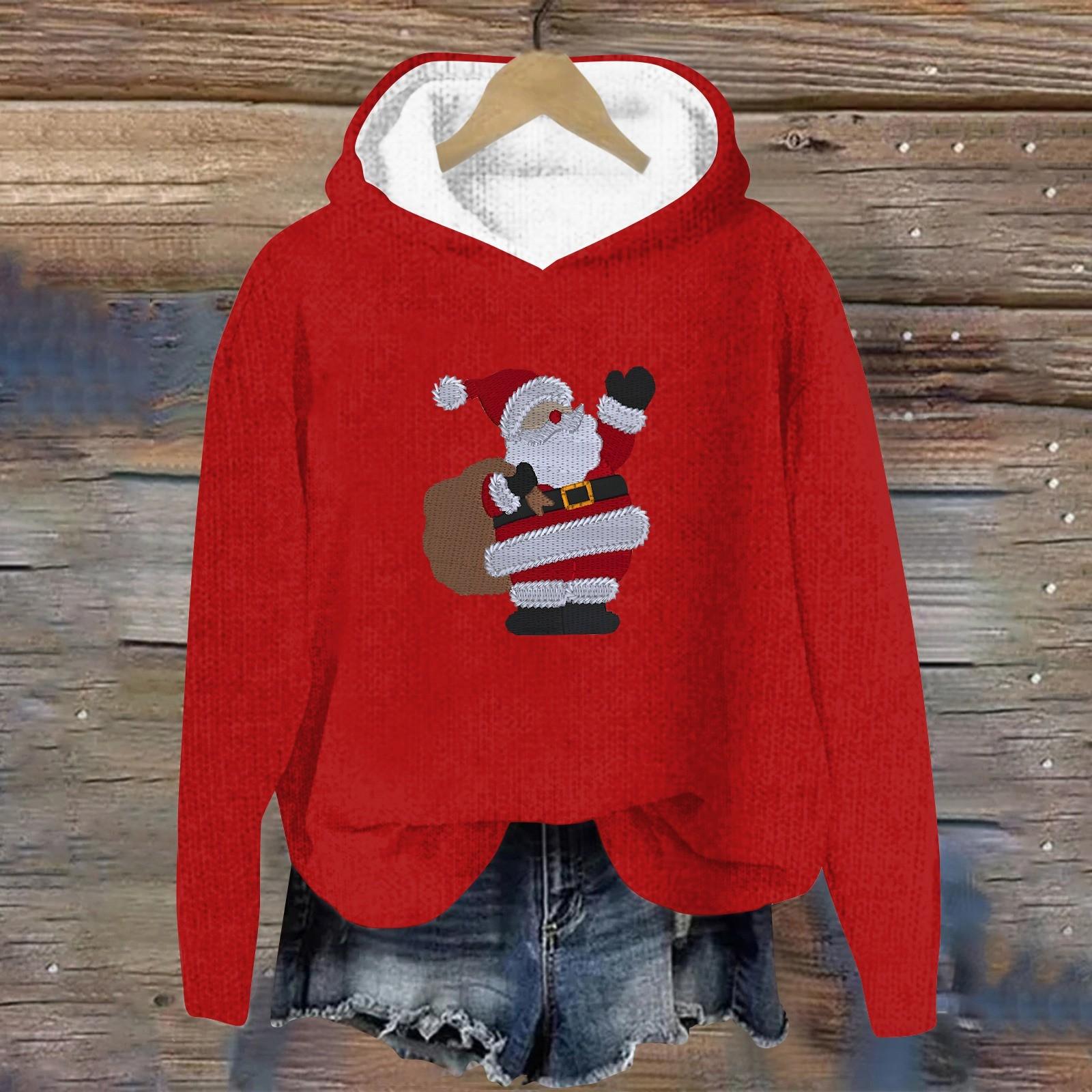 

Женская мода повседневная толстовка с длинными рукавами и рождественским принтом, трикотажный свитер с капюшоном XL арбуз красный