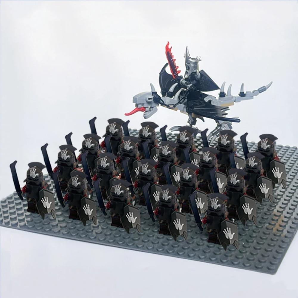 New 21Pcs Solider Uruk Hai Army Figrues King Angmar With Fell Beasts Shield Sword Bow Spear Weapons Kid Toys