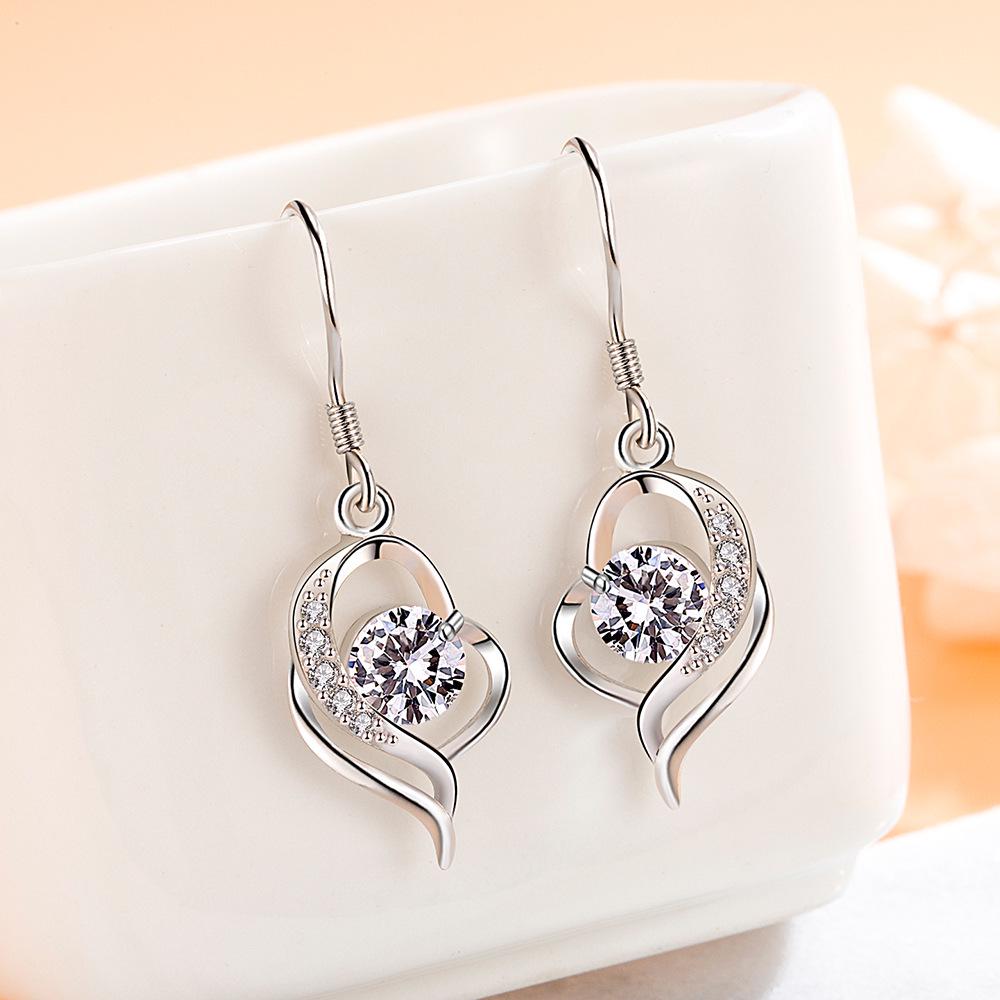 Japanese & Korean Zircon Silver-Plated Fashion Earrings: Elegant Medium-Length Hooks with Heart Details for Women