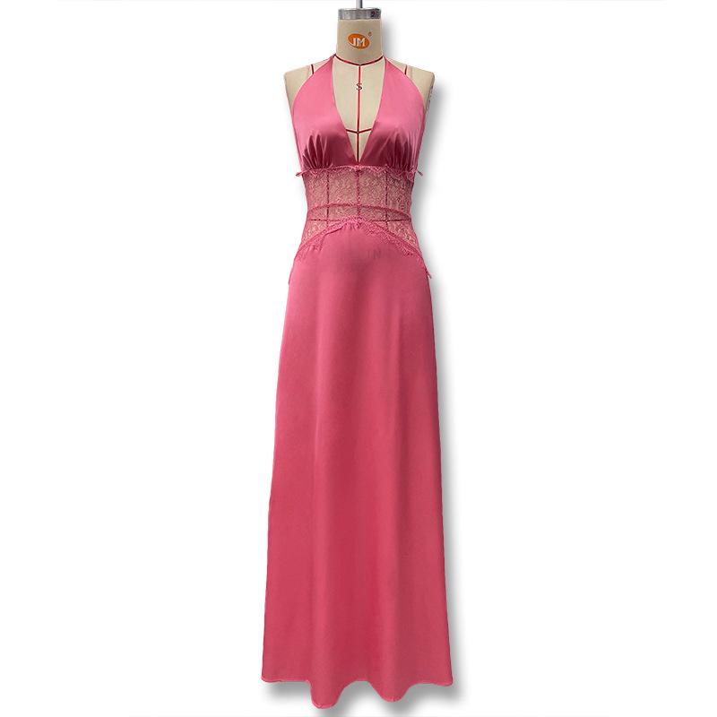 European Style 2025 Summer Women's Deep V Lace-Up Backless See-Through Slim Fit Dress
