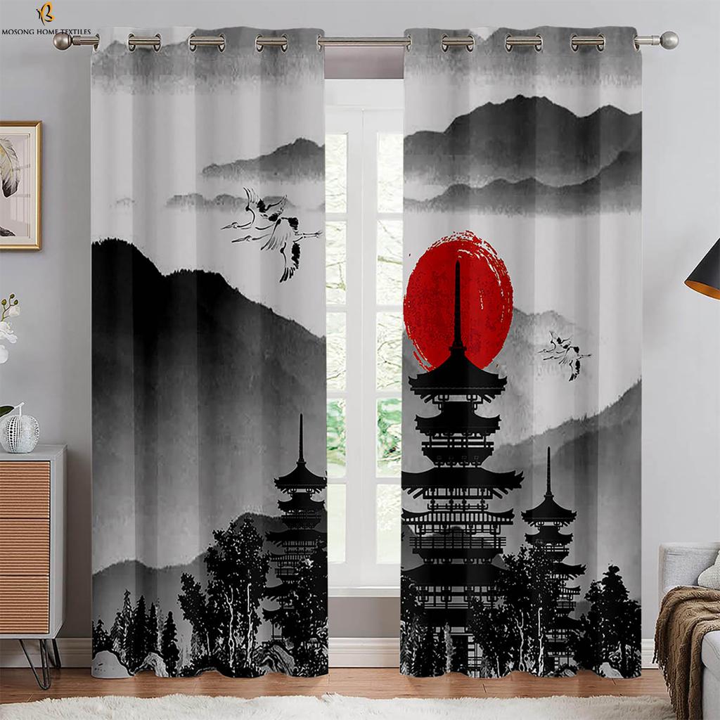 2 Pieces Of Retro Ink Peach Blossom Black And White Print Curtains Bedroom Living Room Study Decorative Curtains