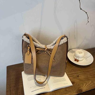 Retro Suede One Shoulder Bags for Women Autumn Winter Large Capacity Lamb Wool Crossbody Bag Simple Bow Bags for Moving