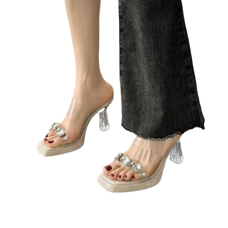 Women Summer High Heel Sandals 2025 New Outdoor Transparent Rhinestone Platform Shoes Fairy Sexy Crystal Chunky Heel Sandals