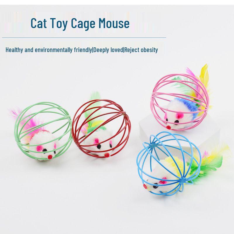 Colorful Feathered Wire Cage Mouse Cat Toy for Self-Entertainment