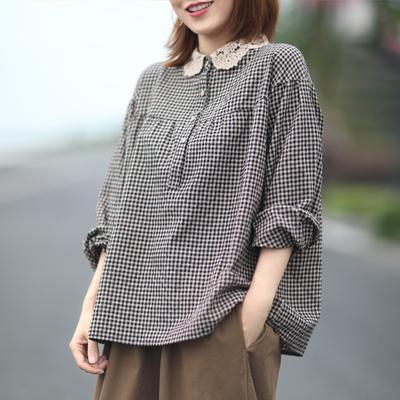 Women Long Sleeve Casual Shirts Spring Simple Style Lace Collar Vintage Plaid Loose Female Cotton Tops