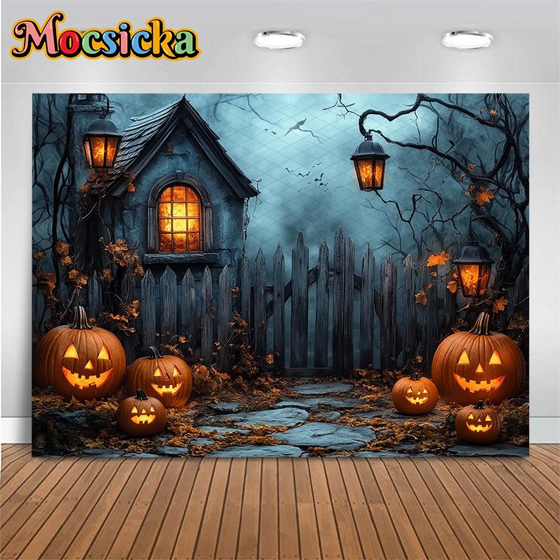 Mocsicka Halloween Backdrop Photography Rose Grey Wooden House Door Decoration Fall Pumpkin Party Photo Background Studio Banner