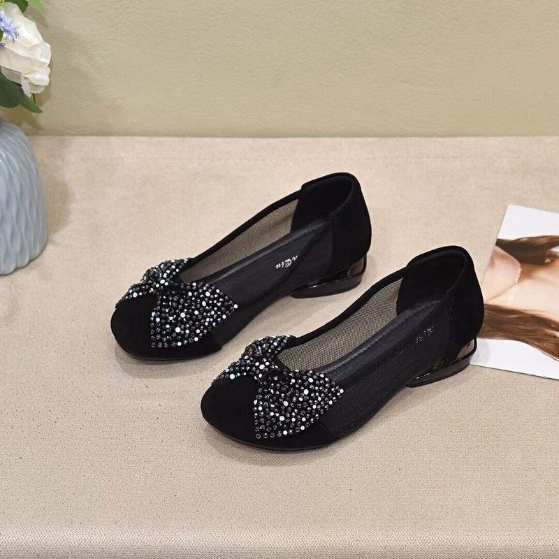 Summer New Round Head Low Heel Bow Soft Bottom Hollow Out One Step Sandals