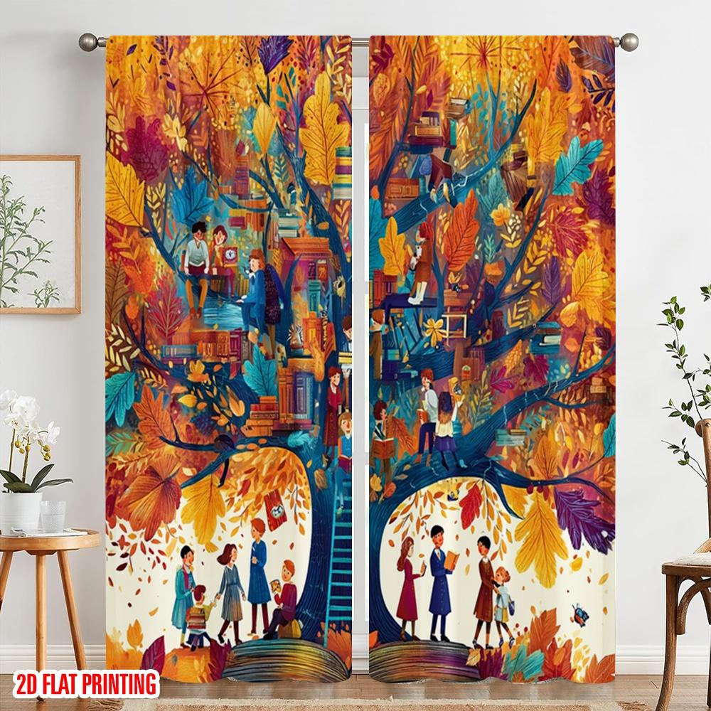 2pcs,2D Plane Printing Curtain Fabric People Reading Books Under The Colorful Durable Polyester (without Rod) All Seasons