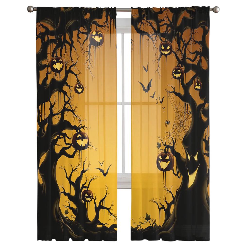Halloween Bat Pumpkin Curtain Window Tulle Living Room Bedroom Kitchen Chiffon Treatment Decorations Curtains Light Filtering Polyester Sitting