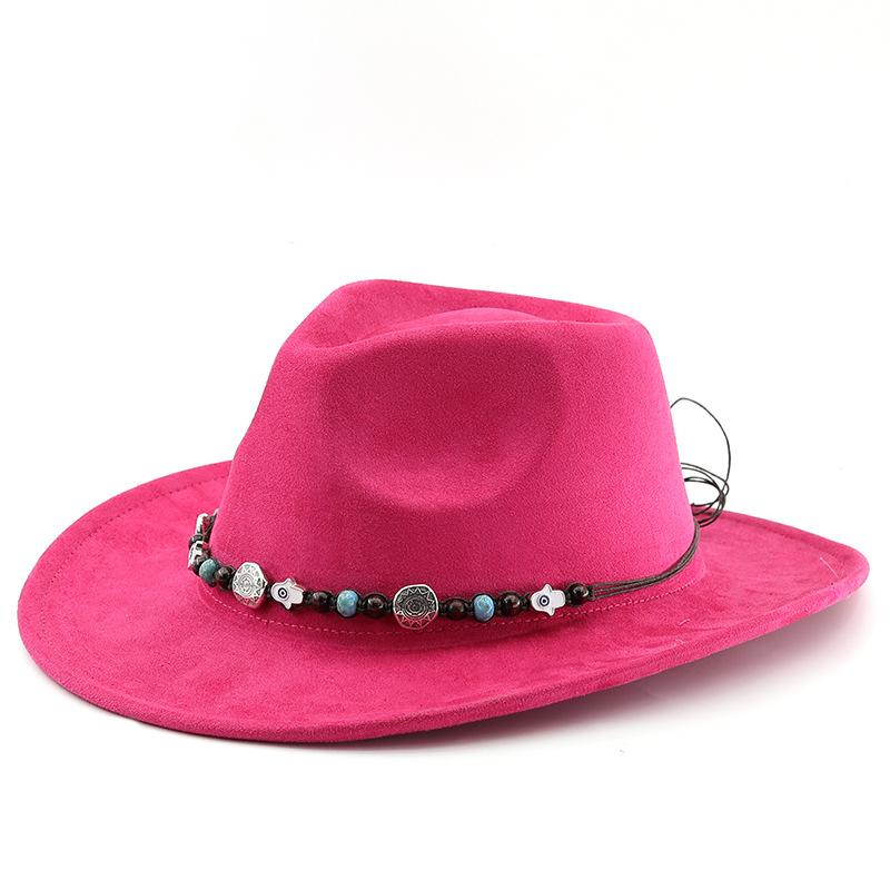 Solid color suede fedora hat, ethnic style belt, western cowboy hat, curled brim retro equestrian hat, wool felt hat