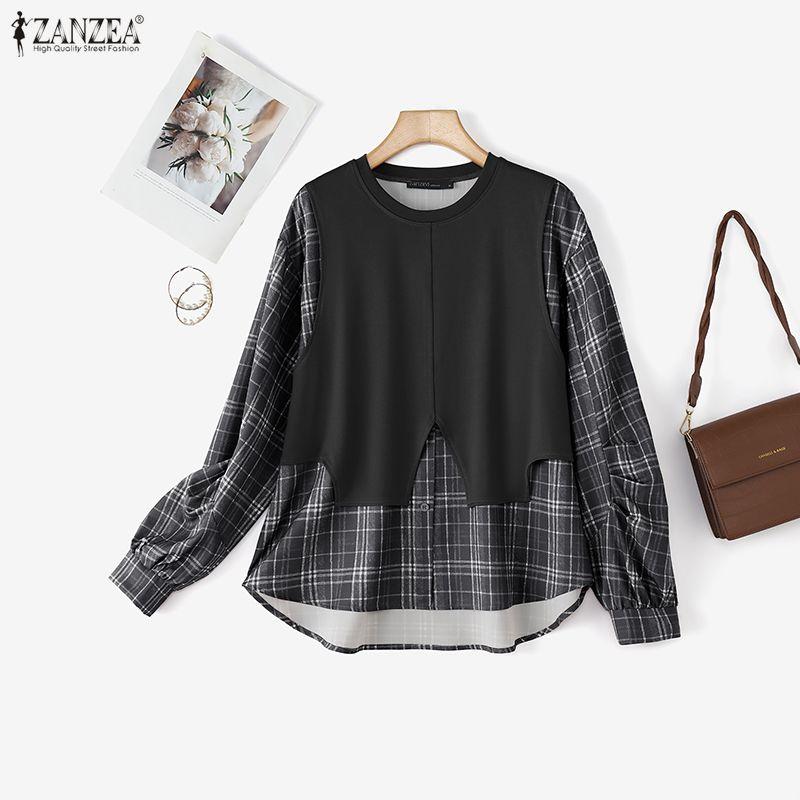ZANZEA Women Plaid Print Casual Long Sleeve Loose Blouse
