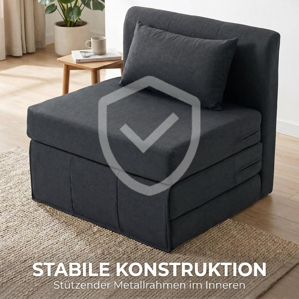2-in-1 Folding Lounge Chair Foldable Sofa Bed with Linen Texture, Upholstered Guest Bed Folding Chair, Dark Grey