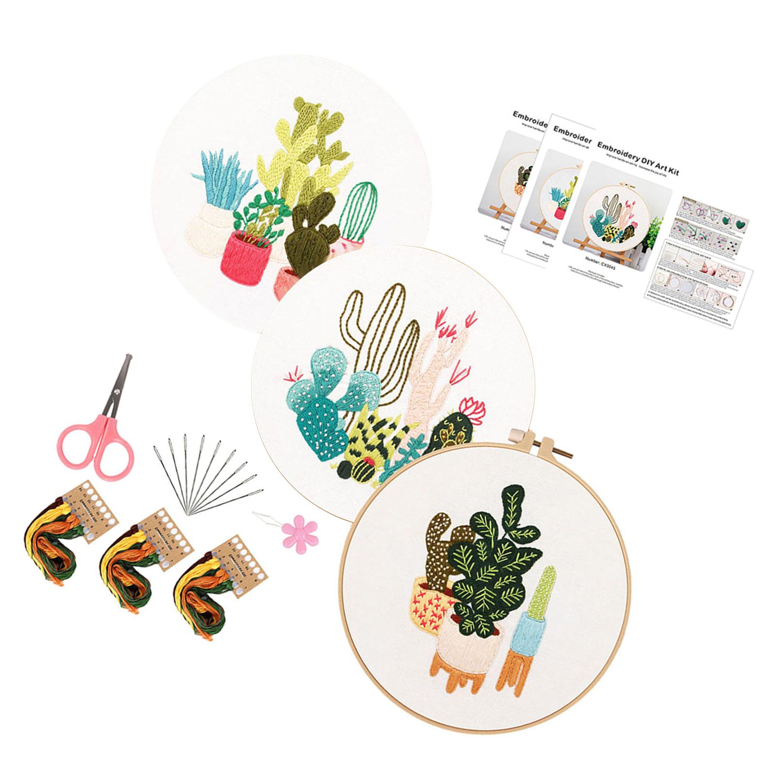 

3Sets Leaf and Flower Embroidery Set with Instruction Embroidery Clothes with Pattern Stitching Hoop Thread and Needle