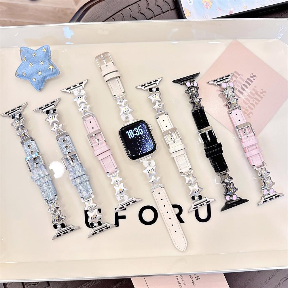 

Bow & Star Spliced Denim Leather Strap For Apple Watch Series 11 10 9 8 7 6 SE 5 4 Ultra 3, iWatch 49/46/45/44/42/41/40/38mm Women Bracelet 38/40/41/42S10 розовый/белый
