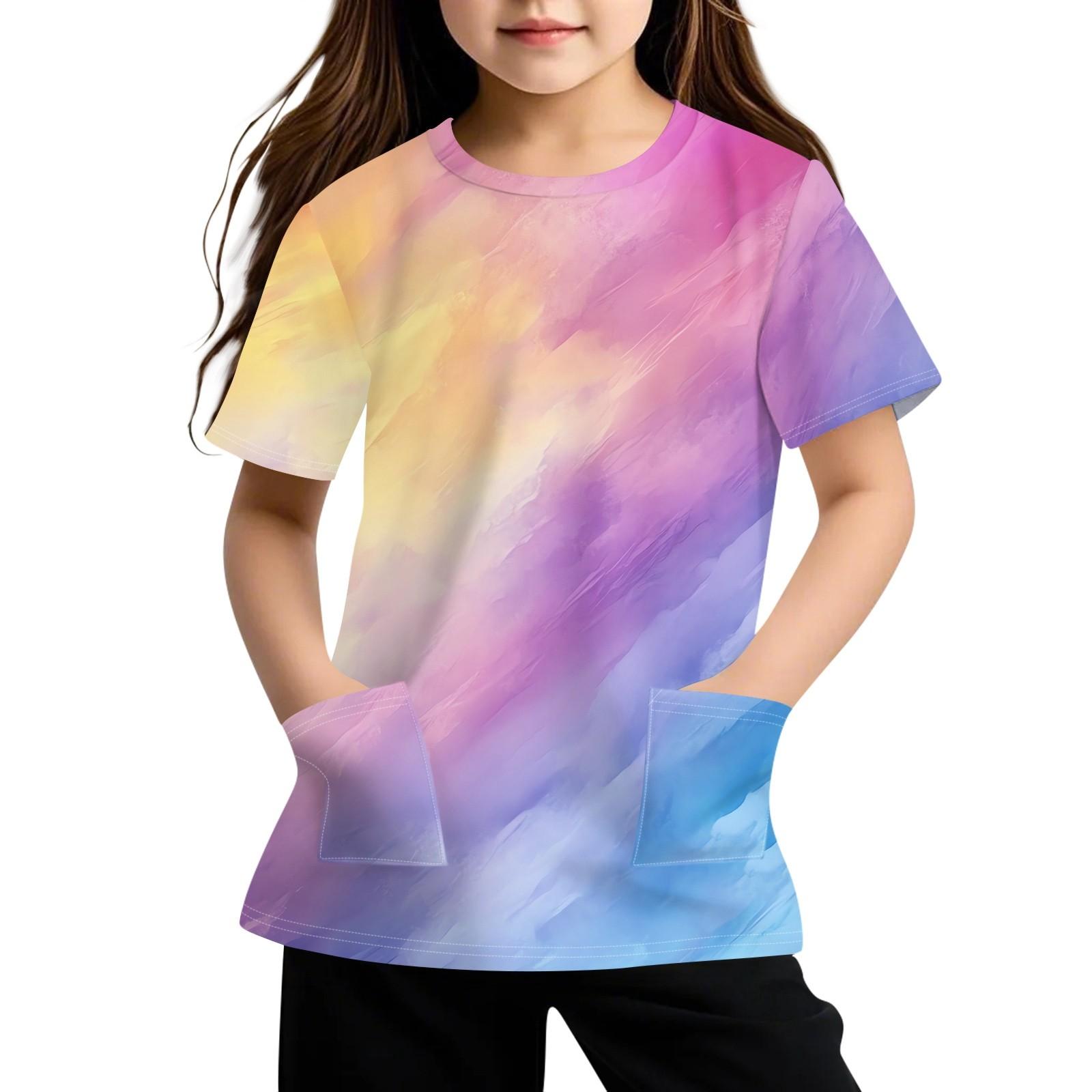 

Детская футболка с короткими рукавами и карманами, повседневная футболка с принтом, круглый вырез, блузка-пуловер 140 фиолетовый