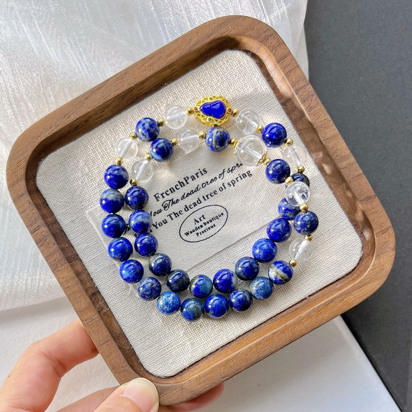Vintage 8Mm Natural Lapis Lazuli White Crystal Design Multi-Loop Bracelet