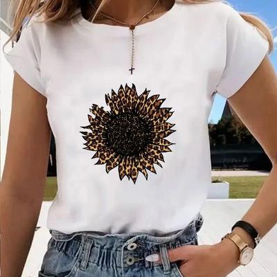 Asian Size-Print  T Clothing Summer Top Flower Sweet Leopard Graphic Tee Casual Women's Ladies Cartoon Female Fashion Short Sleeve T-shirt