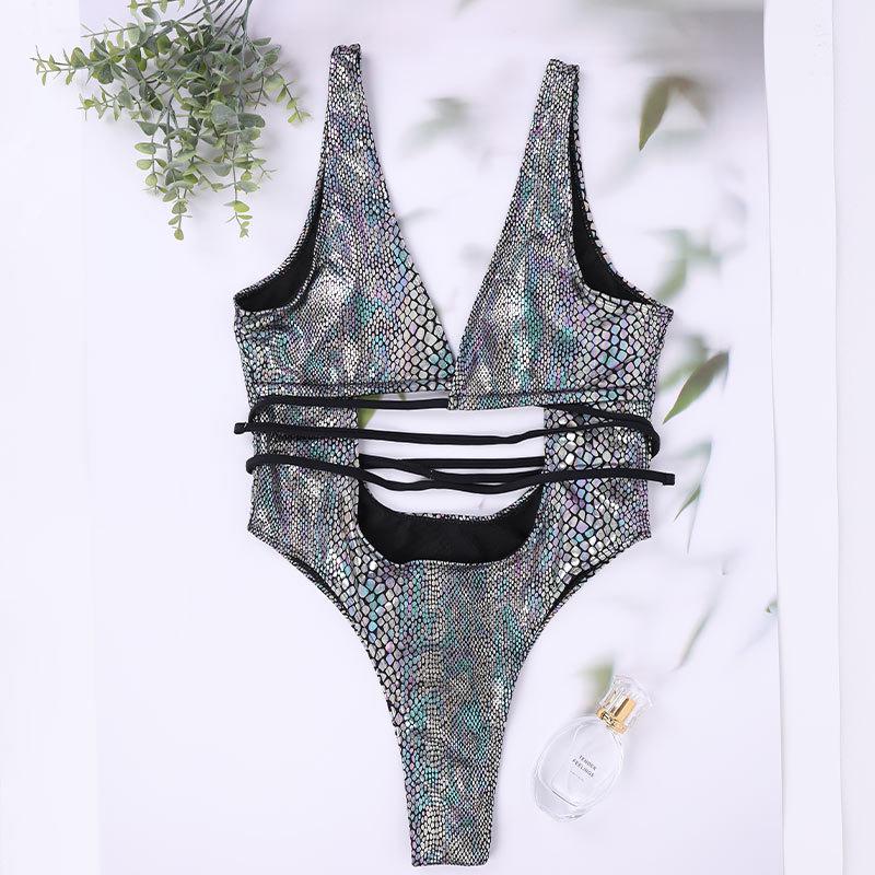 Costume da bagno intero da donna nero sexy con lacci - Tinta unita, taglia plus