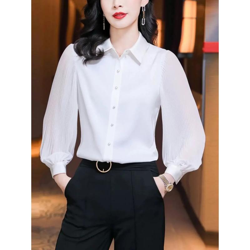 Женская блузка на пуговицах с плиссировкой, прозрачная, с пышными рукавами, элегантная, для офиса и повседневной носки S белый