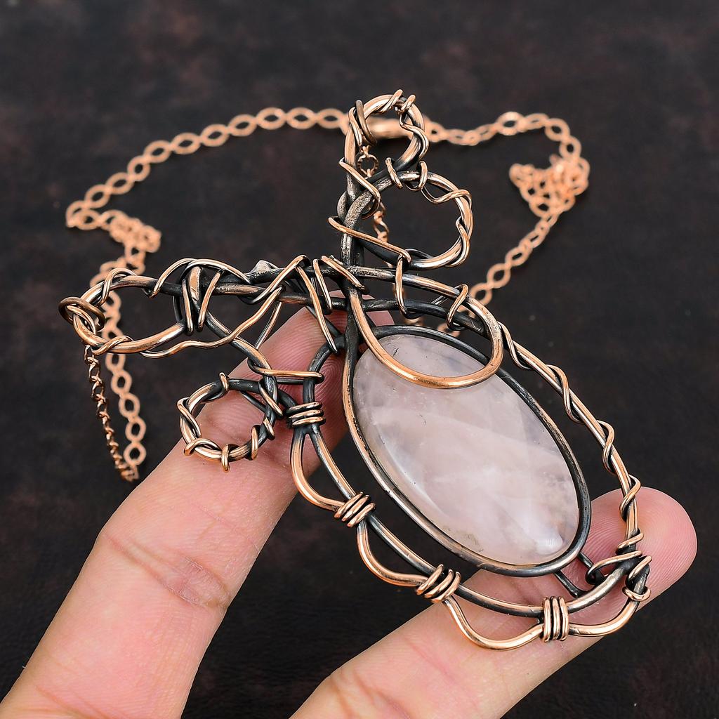 Rose Quartz Necklace Copper Wire Wrapped Jewelry Gemstone Necklace Handmade Adjustable Necklace Copper Wire Wrapping Necklace Gifts For Mom