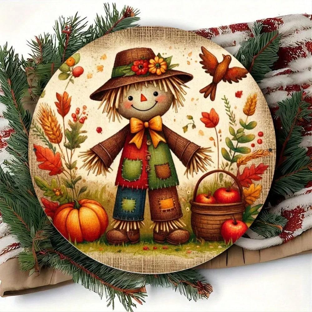 D Flat High Definition Metal Wall Art Rustic Cute Scarecrow with Pumpkin and Apple Basket Metal Sign Vintage Fall Autumn Harves